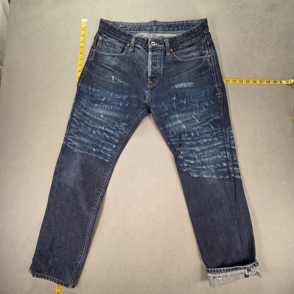 Hilfiger Denim Jeans Mens‎ Blue Slim Tapered Distressed Selvedge Fits 32x30